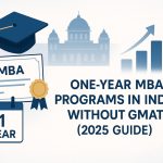 1-year MBA icons with cap, certificate, college, and growth chart in blue-gold.