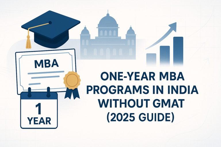 1-year MBA icons with cap, certificate, college, and growth chart in blue-gold.