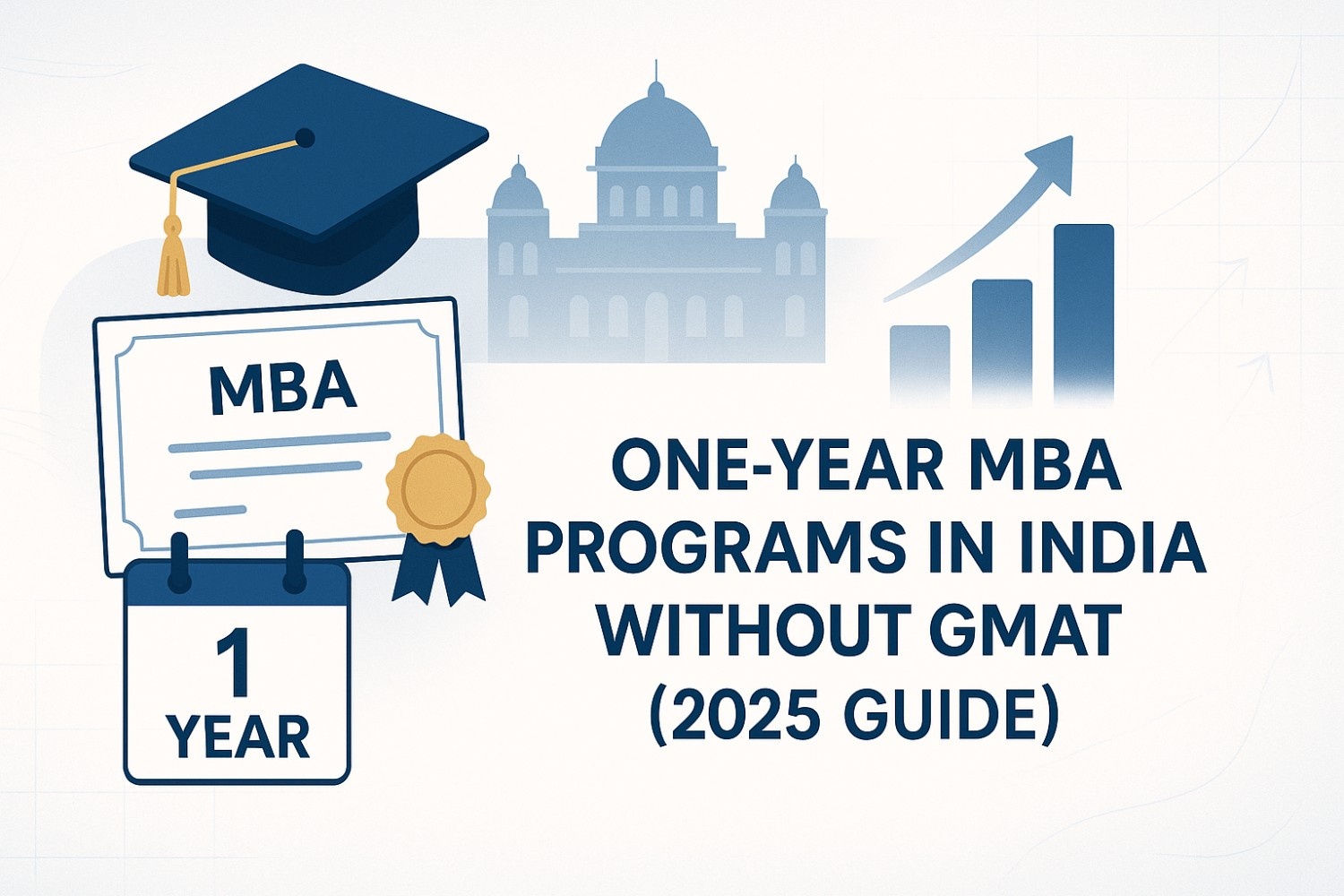 1-year MBA icons with cap, certificate, college, and growth chart in blue-gold.
