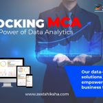 MCA In Data Analytics: Best Indian Universities Offering Trending Courses 15 Illustration of a young woman with glasses working on a laptop, surrounded by data analytics icons like bar charts, line graphs, and pie charts. Text on the left reads "MCA in Data Analytics: Best Indian Universities Offering Trending Courses" in bold letters