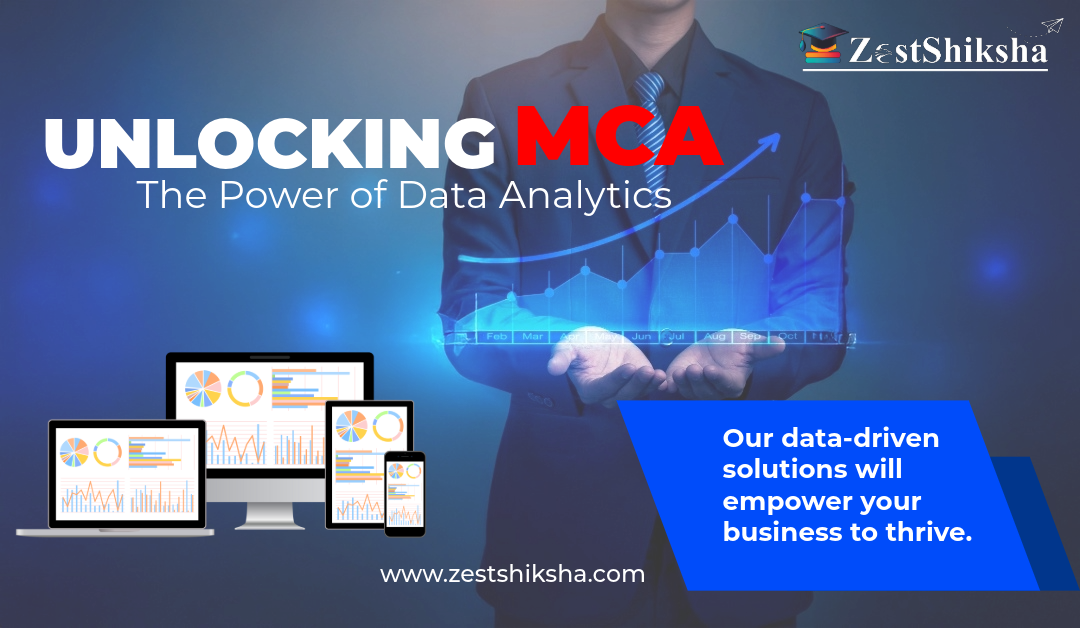 Illustration of a young woman with glasses working on a laptop, surrounded by data analytics icons like bar charts, line graphs, and pie charts. Text on the left reads "MCA in Data Analytics: Best Indian Universities Offering Trending Courses" in bold letters