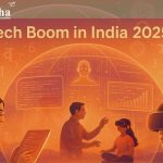 Indian students using futuristic VR and AI-powered tools inside a glowing tech dome, symbolizing the Ed-Tech boom in India 2025 with cultural scripts and digital dashboards.