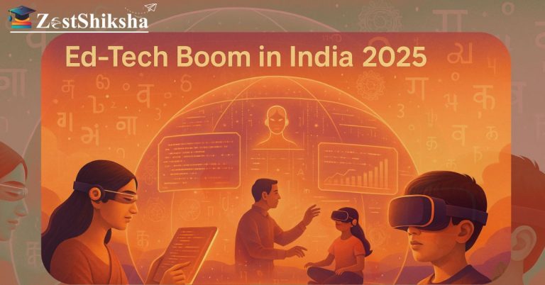 Indian students using futuristic VR and AI-powered tools inside a glowing tech dome, symbolizing the Ed-Tech boom in India 2025 with cultural scripts and digital dashboards.
