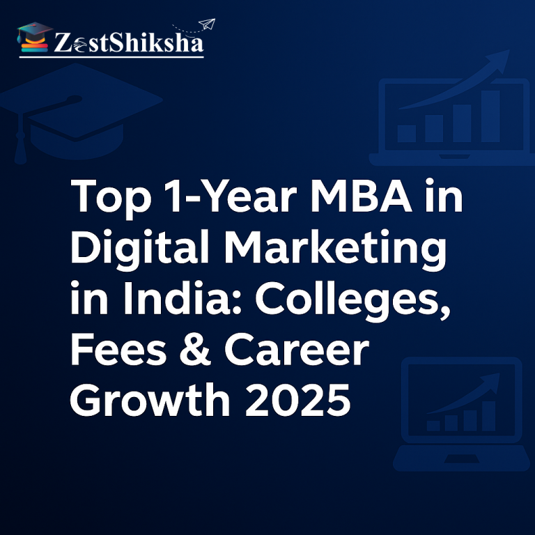 Featured image for blog titled "Top 1-Year MBA in Digital Marketing in India: Colleges, Fees & Career Growth 2025" with educational icons on a dark blue gradient background.